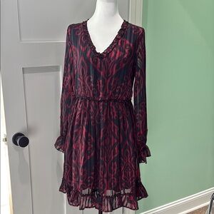 Burgundy And Black Lascana Venus Long Sleeve V-Neck Dress. Size M NWOT
